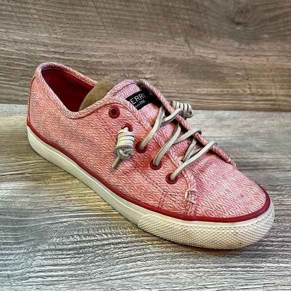 Perry Top Sider pink diamond print canvas sneakers size 6 leather laces - Picture 1 of 12